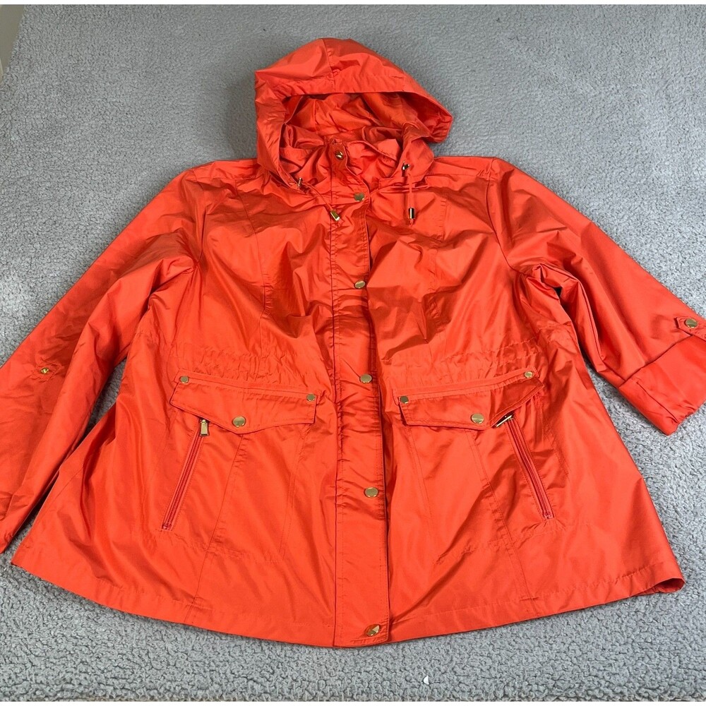 SUSAN GRAVER Coat Women 1X Orange Full Zip Detachable Hood Roll Tab Sleeves Plus